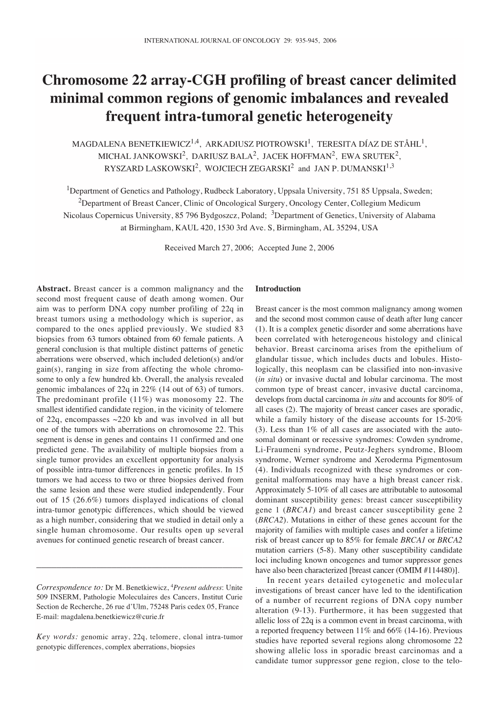 Chromosome 22 Array-CGH Profiling of Breast Cancer Delimited Minimal Common Regions of Genomic Imbalances and Revealed Frequent Intra-Tumoral Genetic Heterogeneity