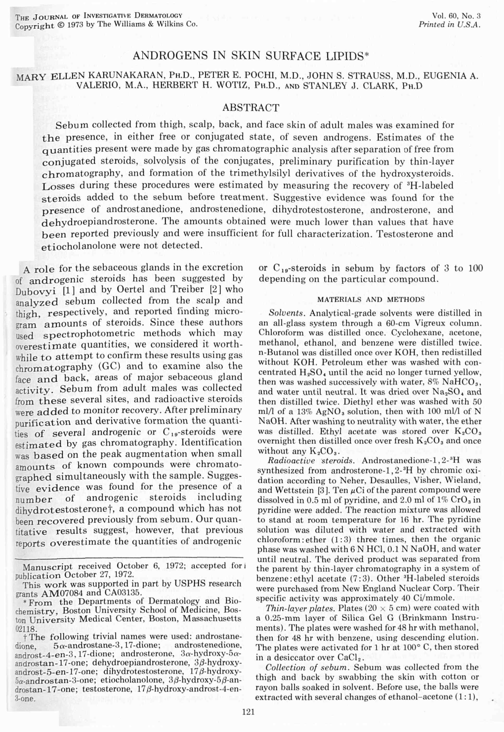 Androgens in Skin Surface Lipids* Mary Ellen Karunakaran, Ph.D