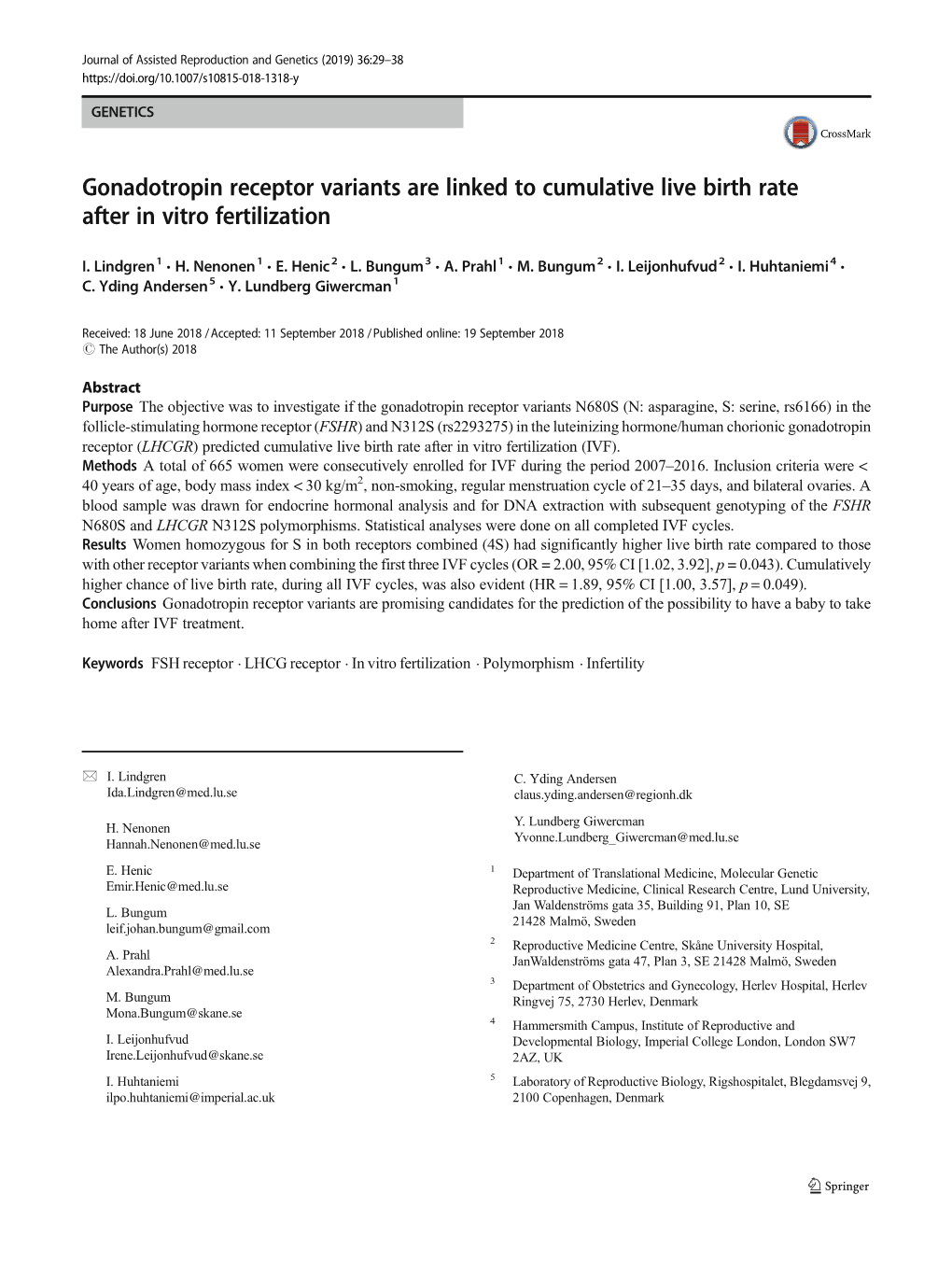 Gonadotropin Receptor Variants Are Linked to Cumulative Live Birth Rate After in Vitro Fertilization