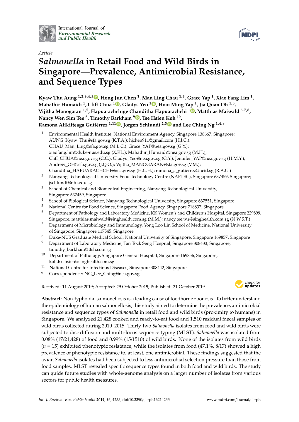 Salmonella in Retail Food and Wild Birds in Singapore—Prevalence, Antimicrobial Resistance, and Sequence Types