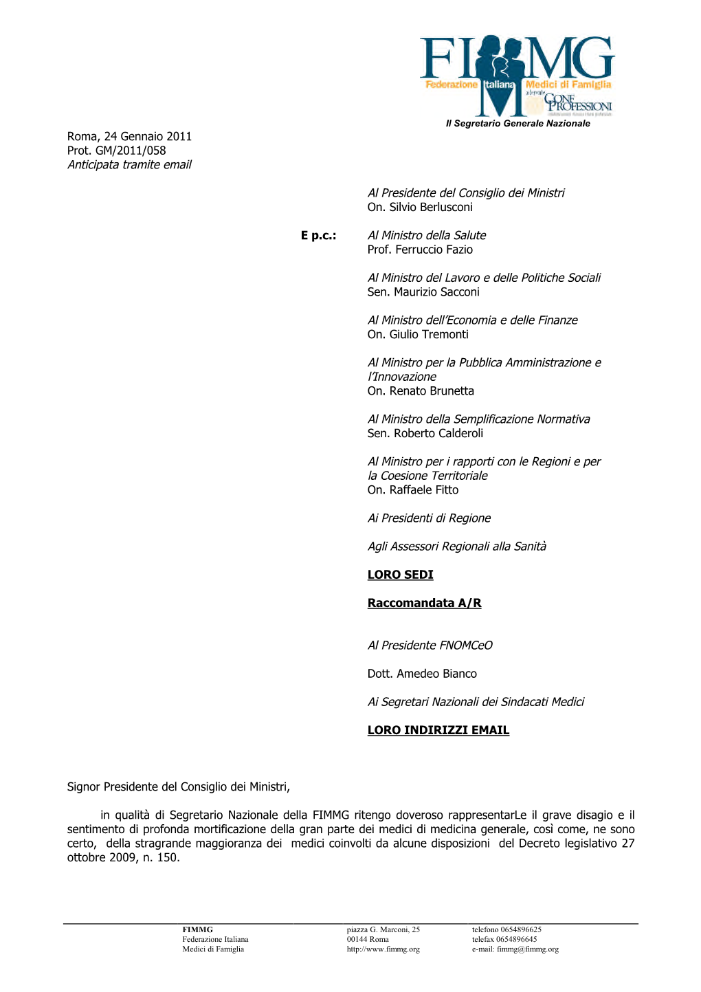 Il Segretario Milillo Scrive a Presidente Del Consiglio E Ministri