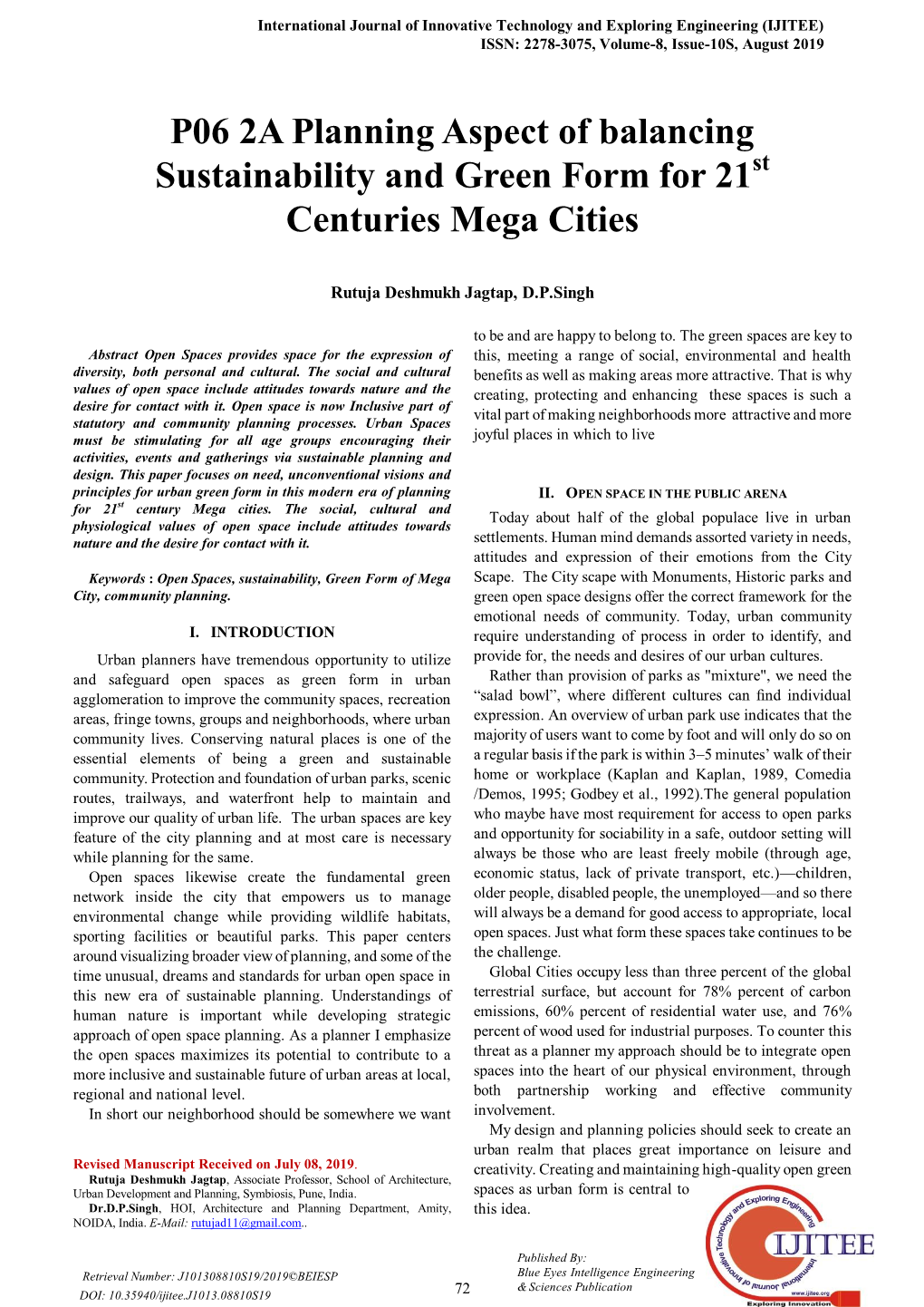 P06 2A Planning Aspect of Balancing Sustainability and Green Form for 21St Centuries Mega Cities