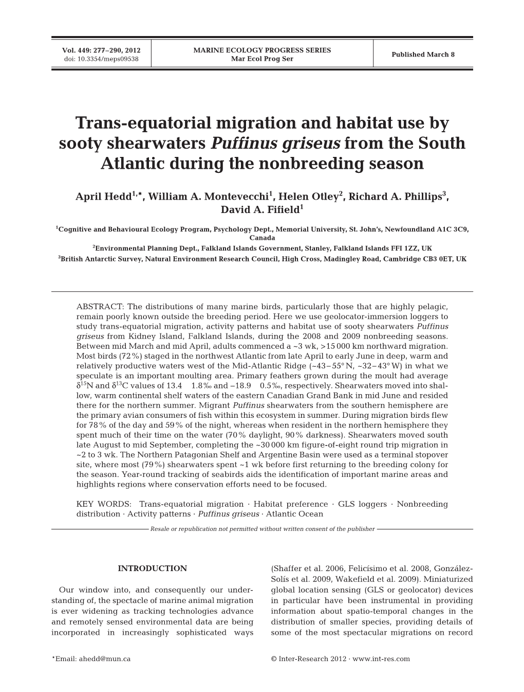 Trans-Equatorial Migration and Habitat Use by Sooty Shearwaters Puffinus Griseus from the South Atlantic During the Nonbreeding Season