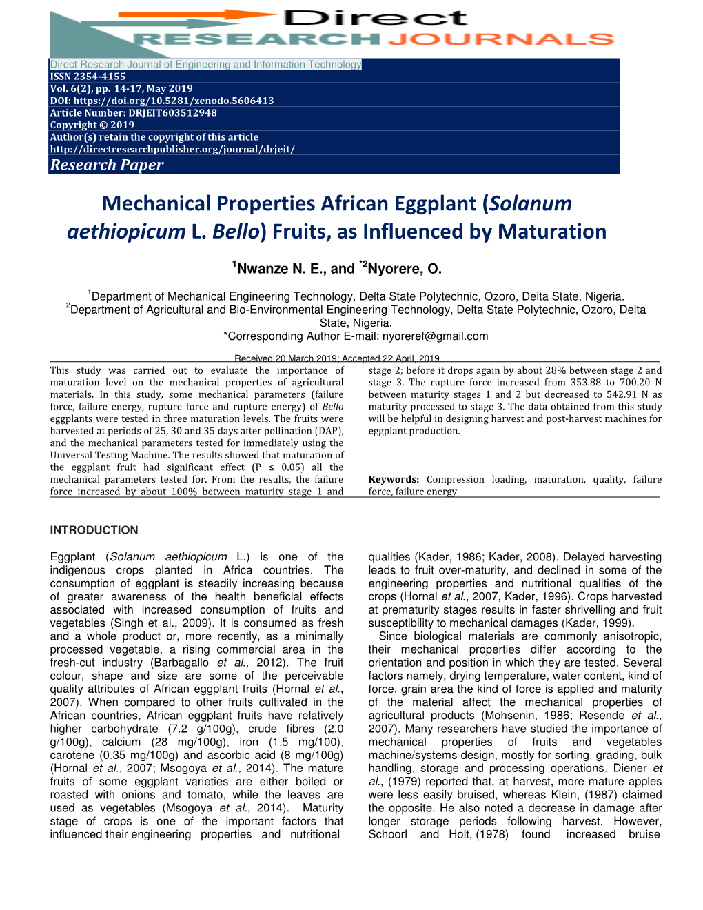 Mechanical Properties African Eggplant (Solanum Aethiopicum L. Bello) Fruits, As Influenced by Maturation