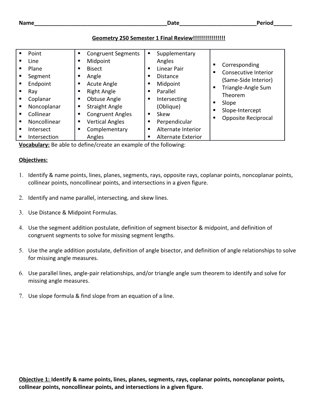 Geometry 250 Semester 1 Final Review