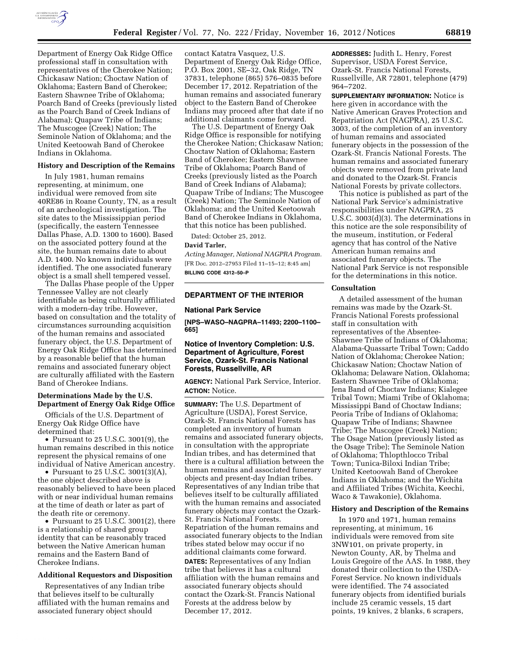 Federal Register/Vol. 77, No. 222/Friday, November 16, 2012