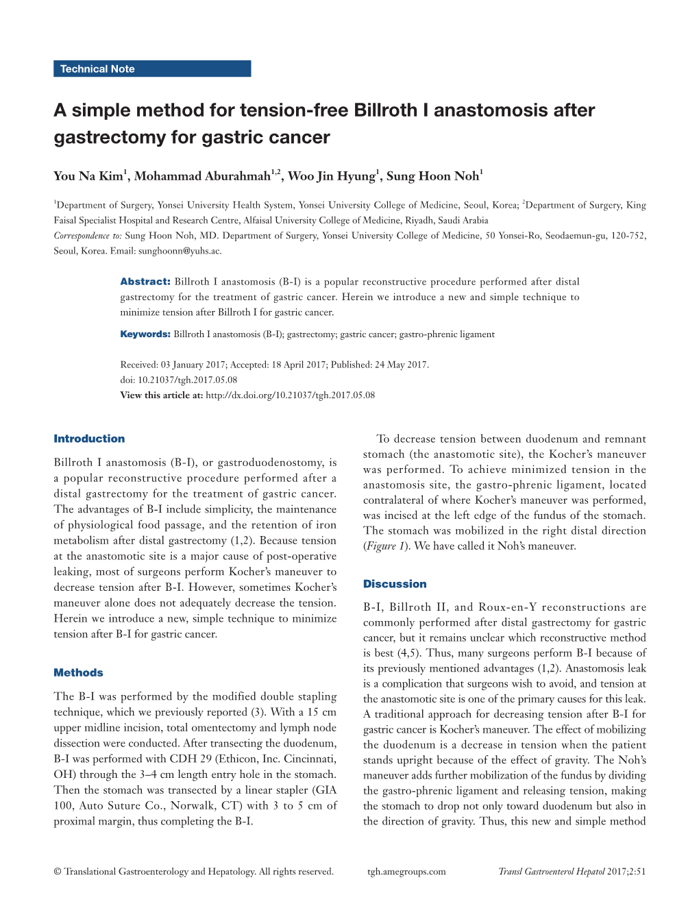 A Simple Method for Tension-Free Billroth I Anastomosis After Gastrectomy for Gastric Cancer