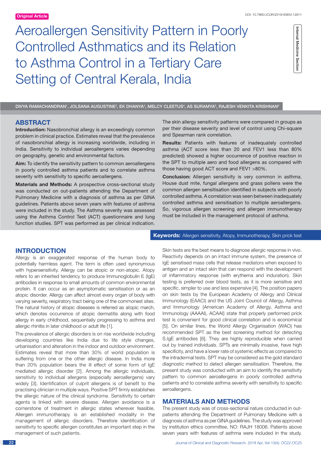 Aeroallergen Sensitivity Pattern in Poorly Controlled Asthmatics and Its Relation to Asthma Control