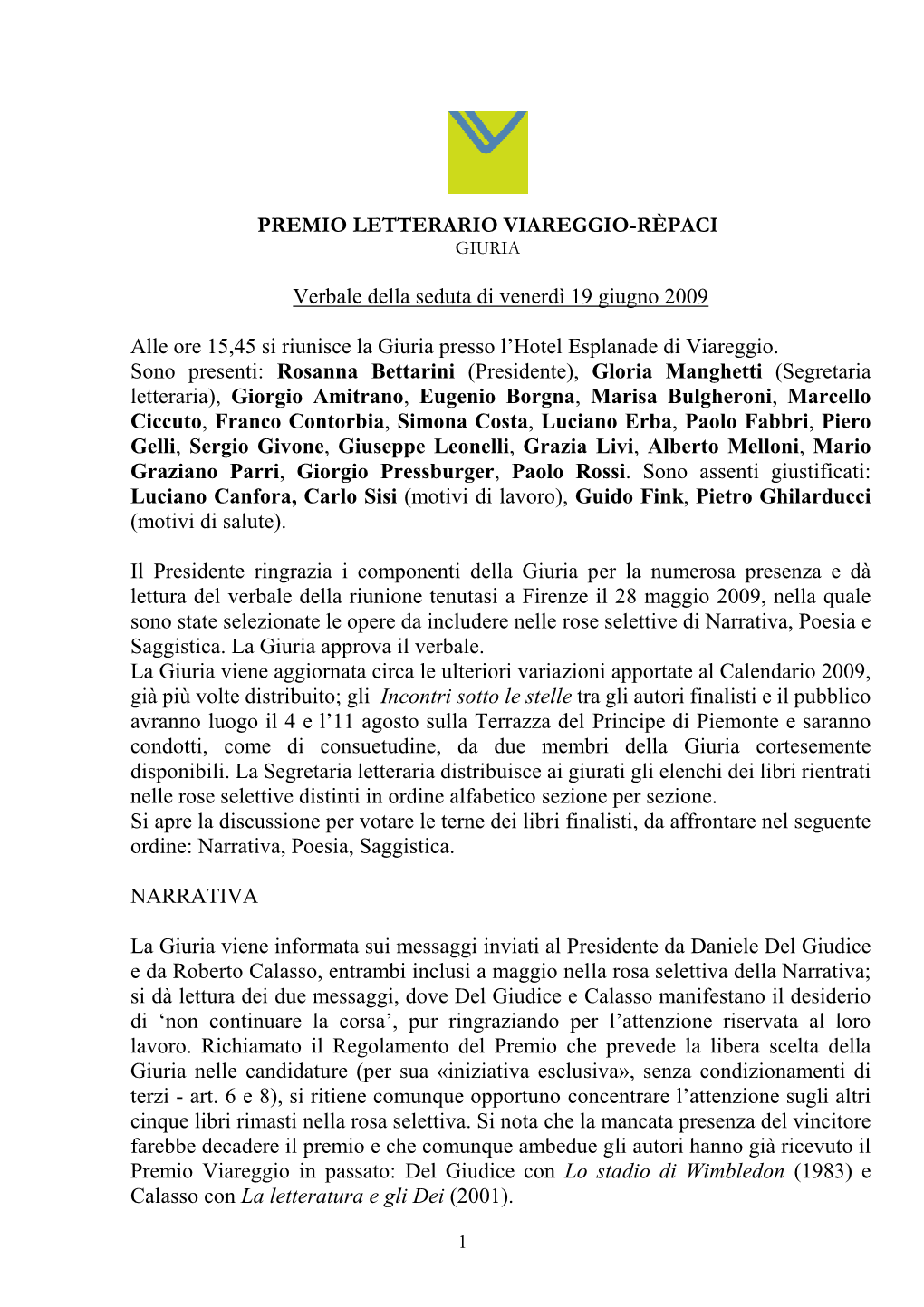 PREMIO LETTERARIO VIAREGGIO-RÈPACI Verbale Della