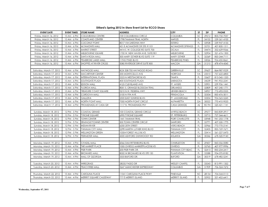 Dillard's Spring 2012 In-Store Event List for ECCO Shoes