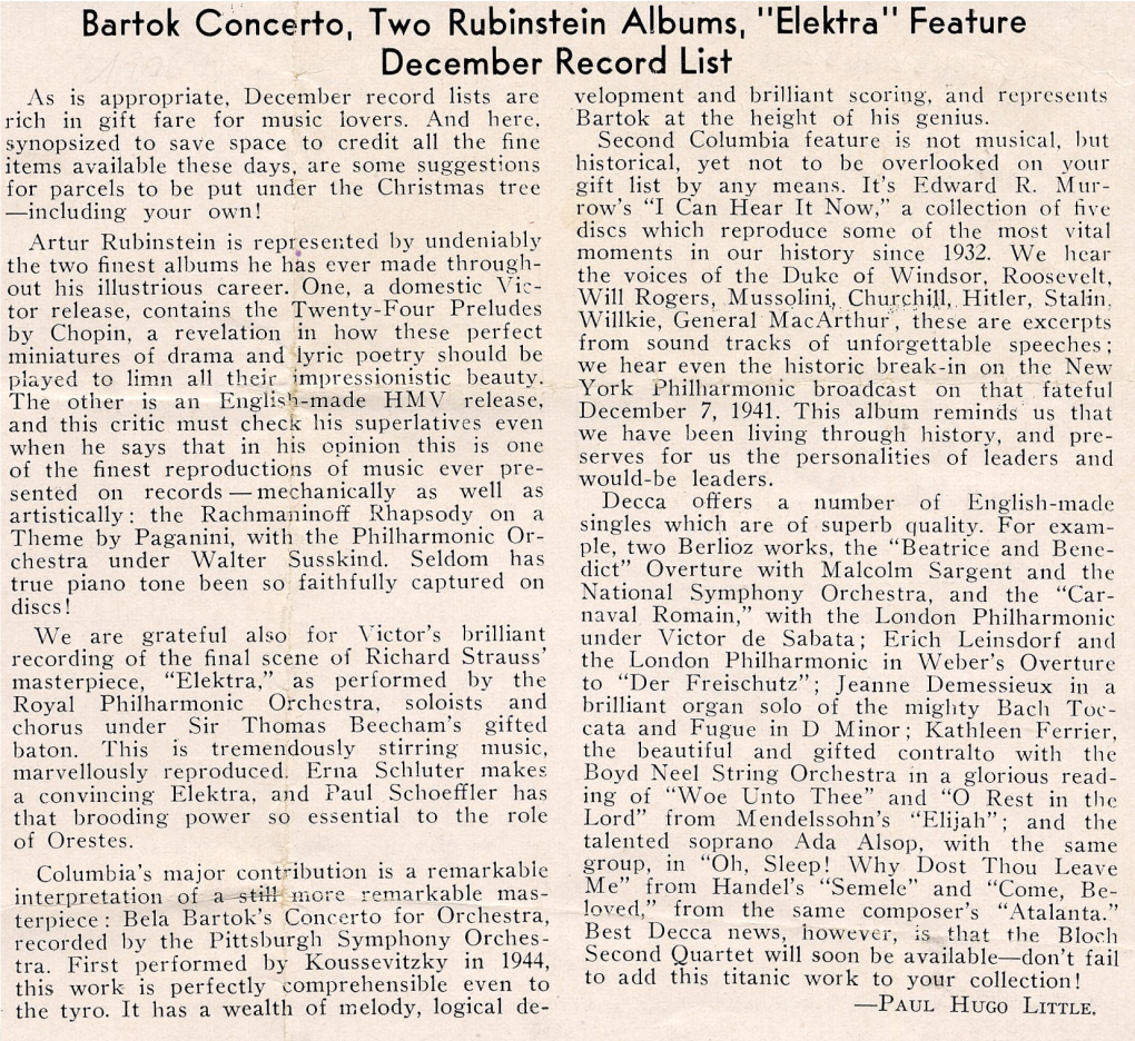 Bartok Concerto, Two Rubinstein Albums, 