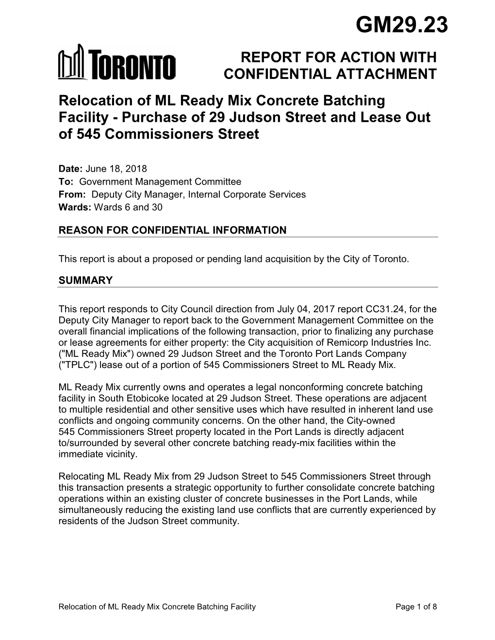 Relocation of ML Ready Mix Concrete Batching Facility - Purchase of 29 Judson Street and Lease out of 545 Commissioners Street