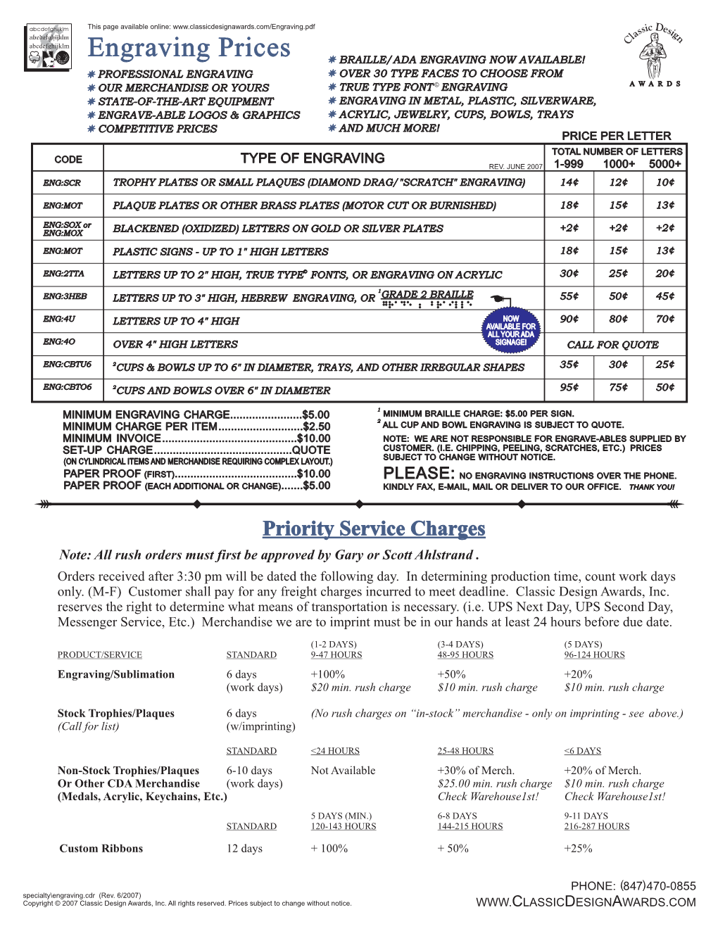 Engraving Prices BRAILLE/ADA ENGRAVING NOW AVAILABLE!