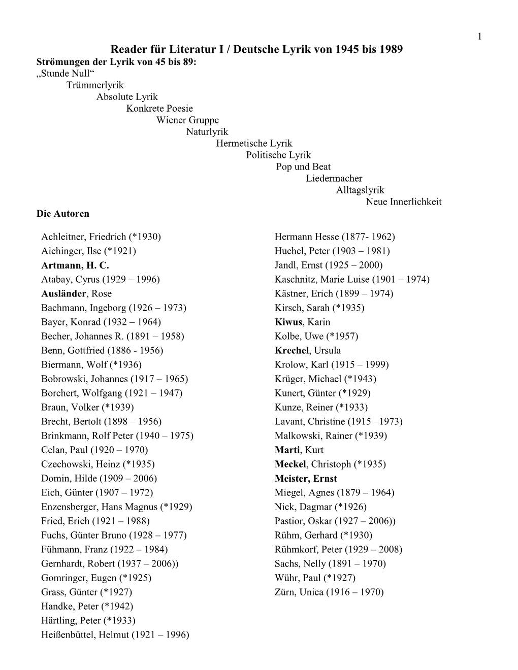 Reader Für Literatur I / Deutsche Lyrik Von 1945 Bis 1989