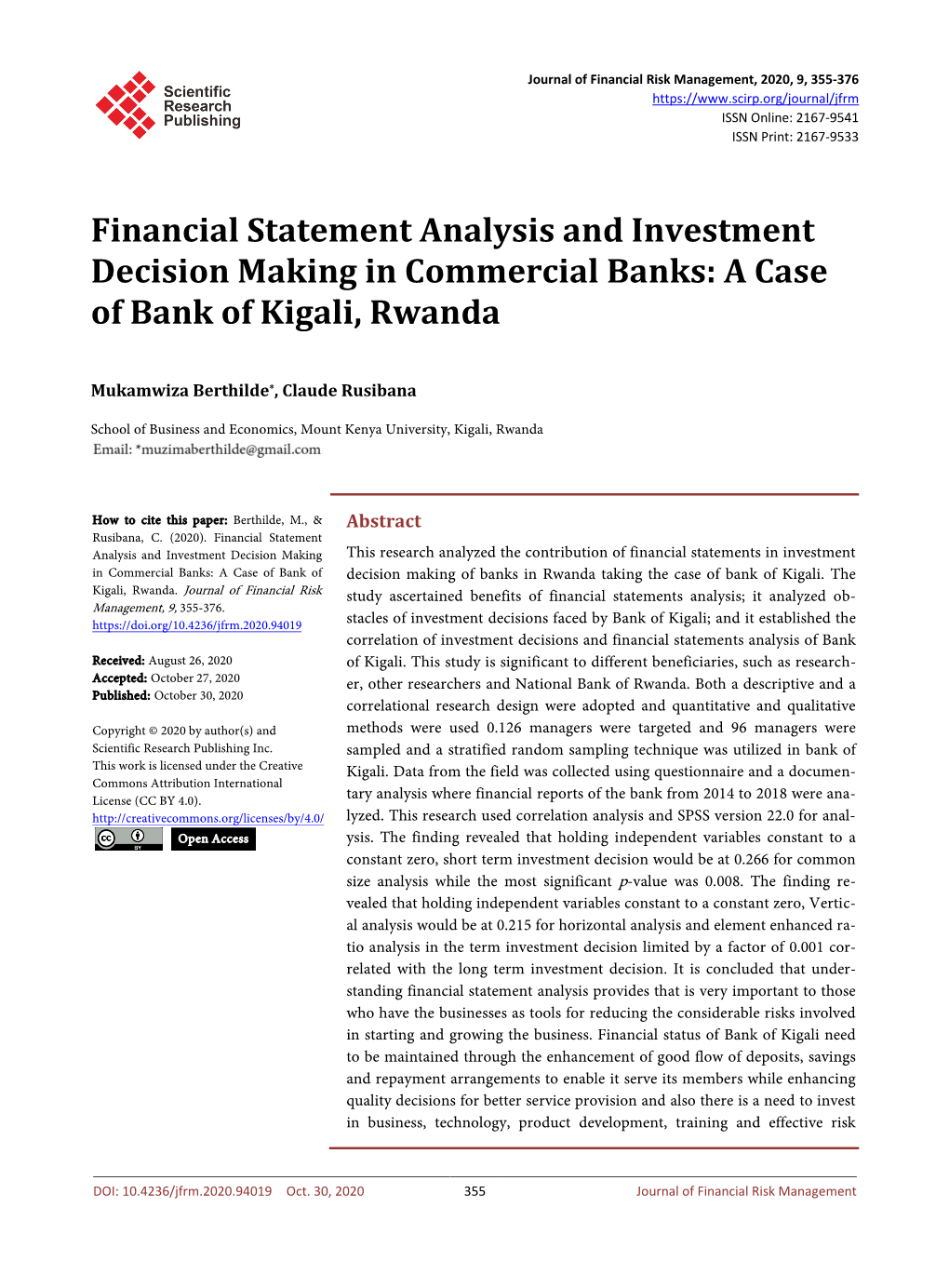 Financial Statement Analysis and Investment Decision Making in Commercial Banks: a Case of Bank of Kigali, Rwanda