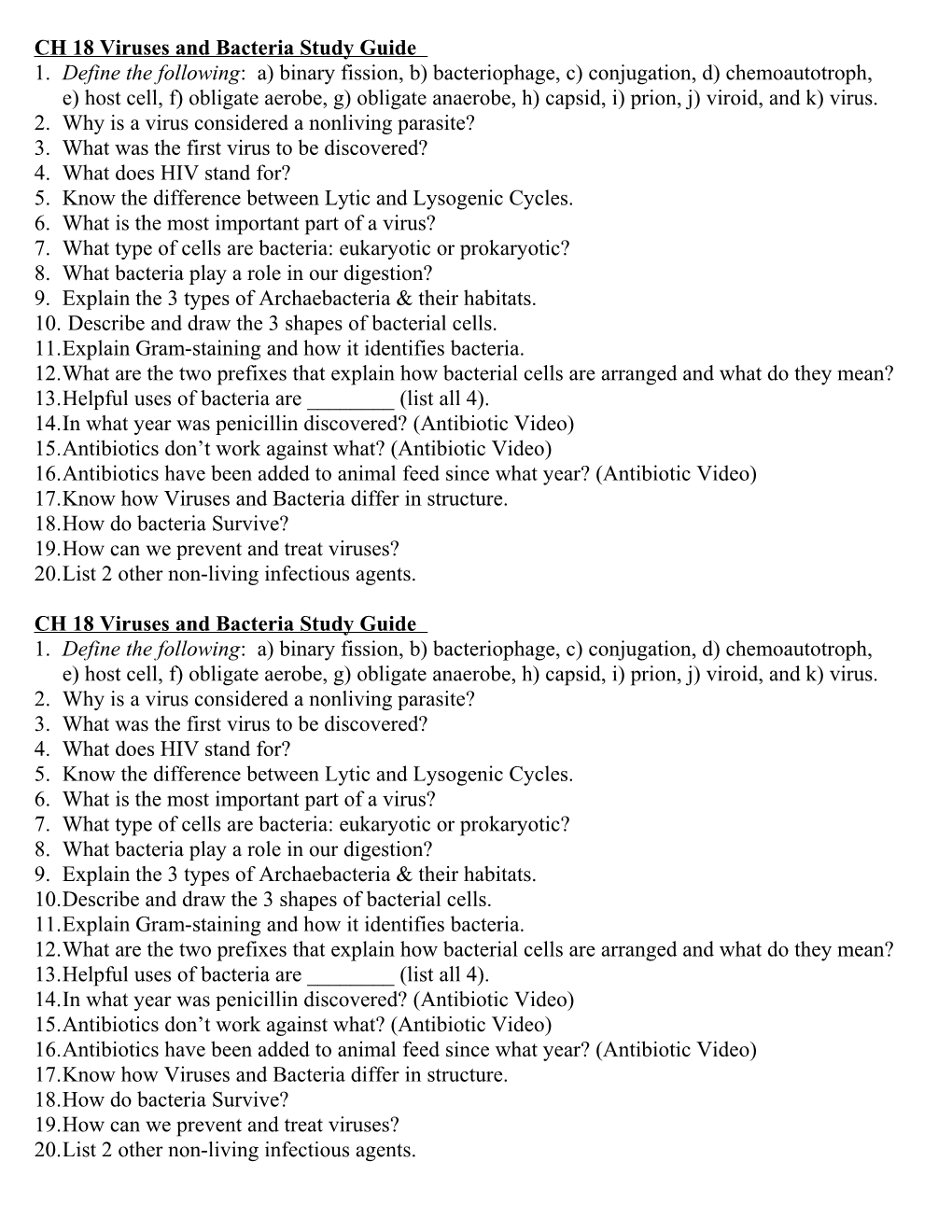 CH 18 Viruses and Bacteria Study Guide