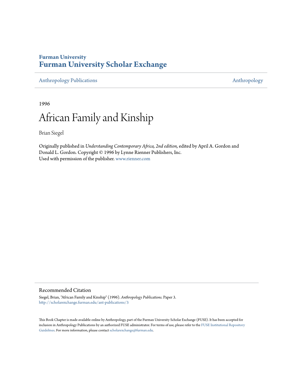 African Family and Kinship Brian Siegel