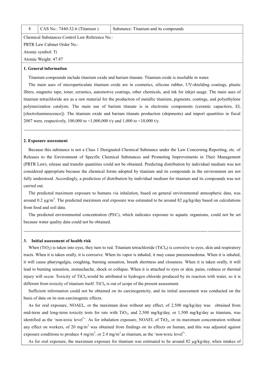 Titanium ) Substance: Titanium and Its Compounds Chemical Substances Control Law Reference No.: PRTR Law Cabinet Order No.: Atomic Symbol: Ti Atomic Weight: 47.87