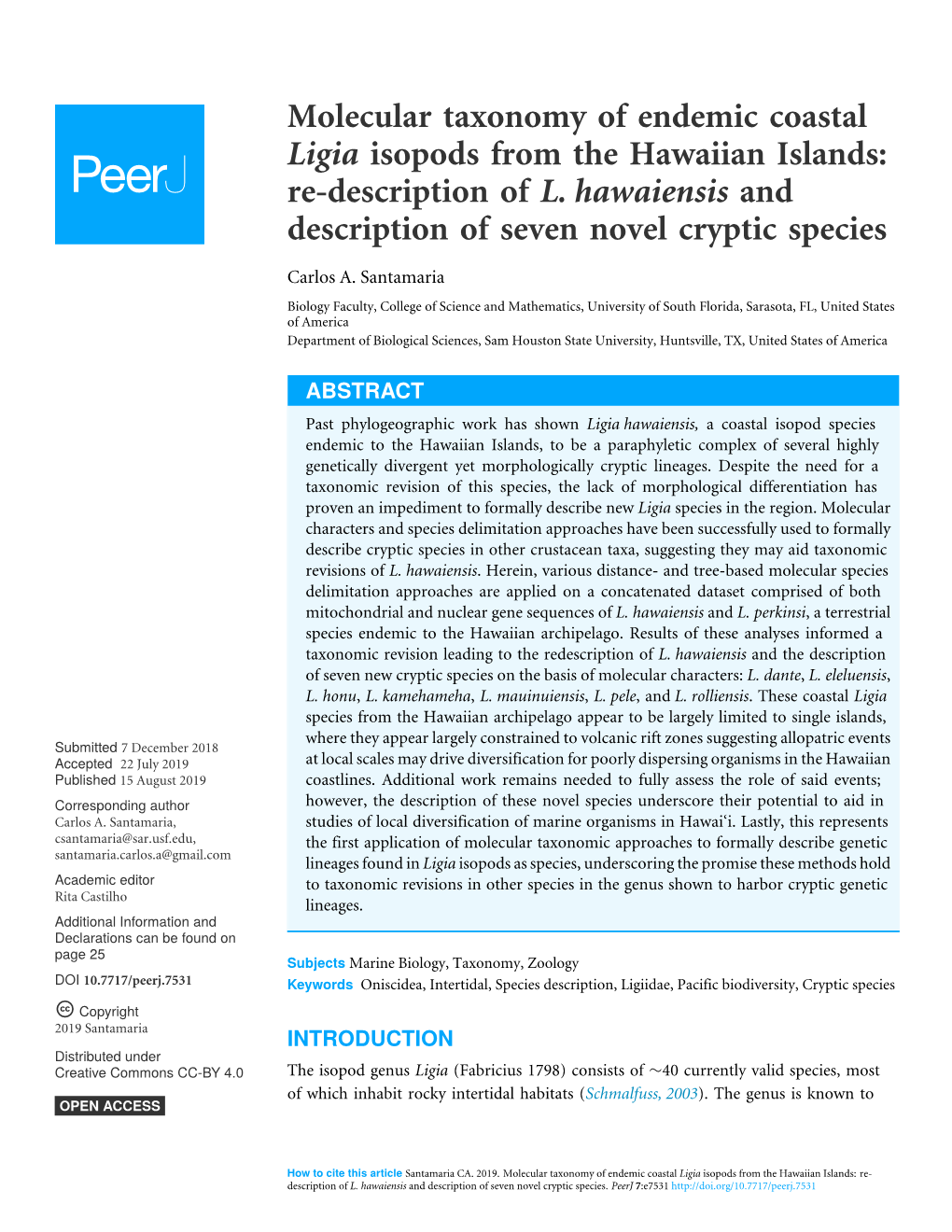 Molecular Taxonomy of Endemic Coastal Ligia Isopods from the Hawaiian Islands: Re-Description of L