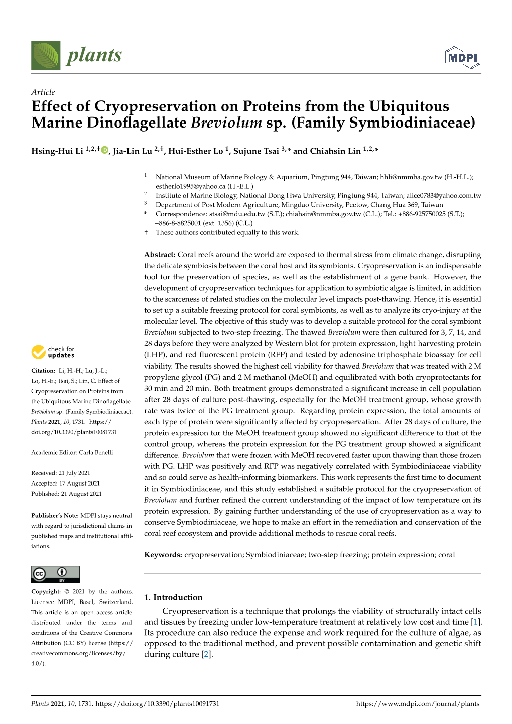 Effect of Cryopreservation on Proteins from the Ubiquitous Marine Dinoﬂagellate Breviolum Sp