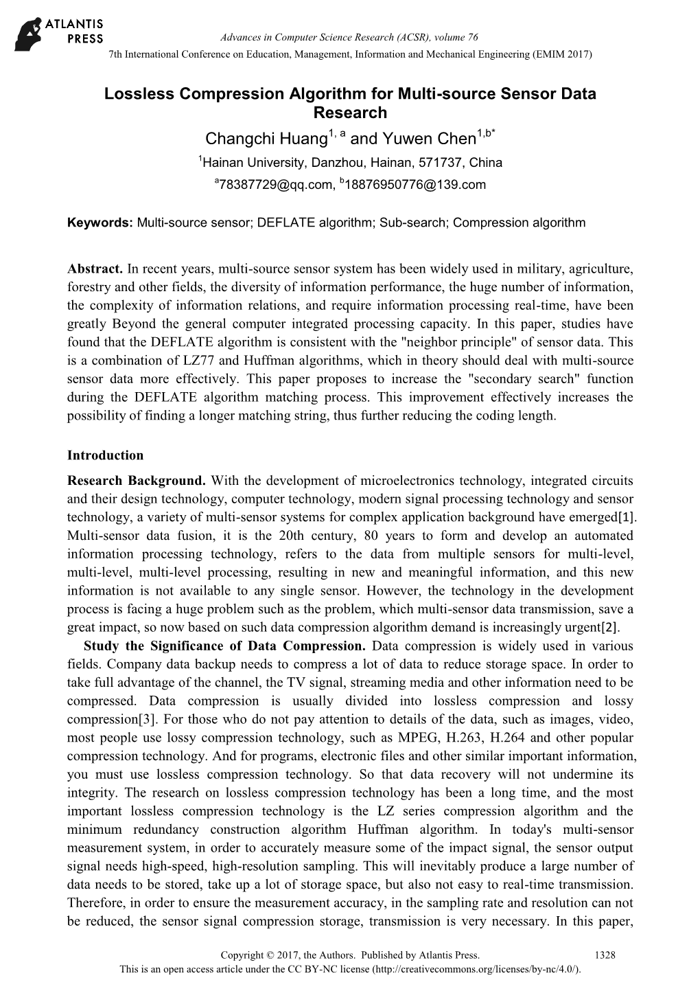 Lossless Compression Algorithm for Multi-Source Sensor Data Research