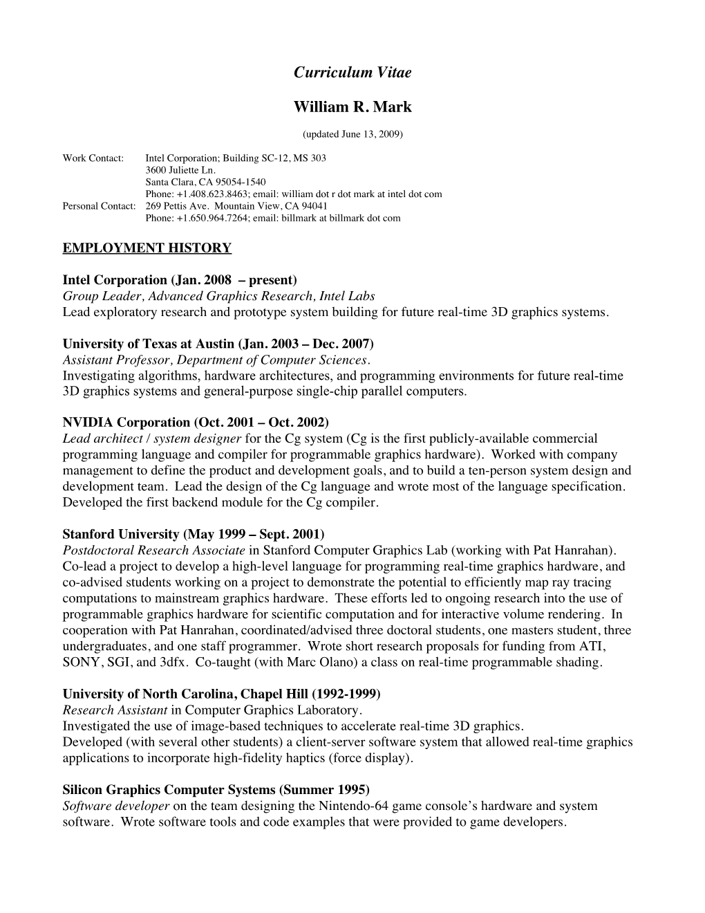 Curriculum Vitae William R. Mark