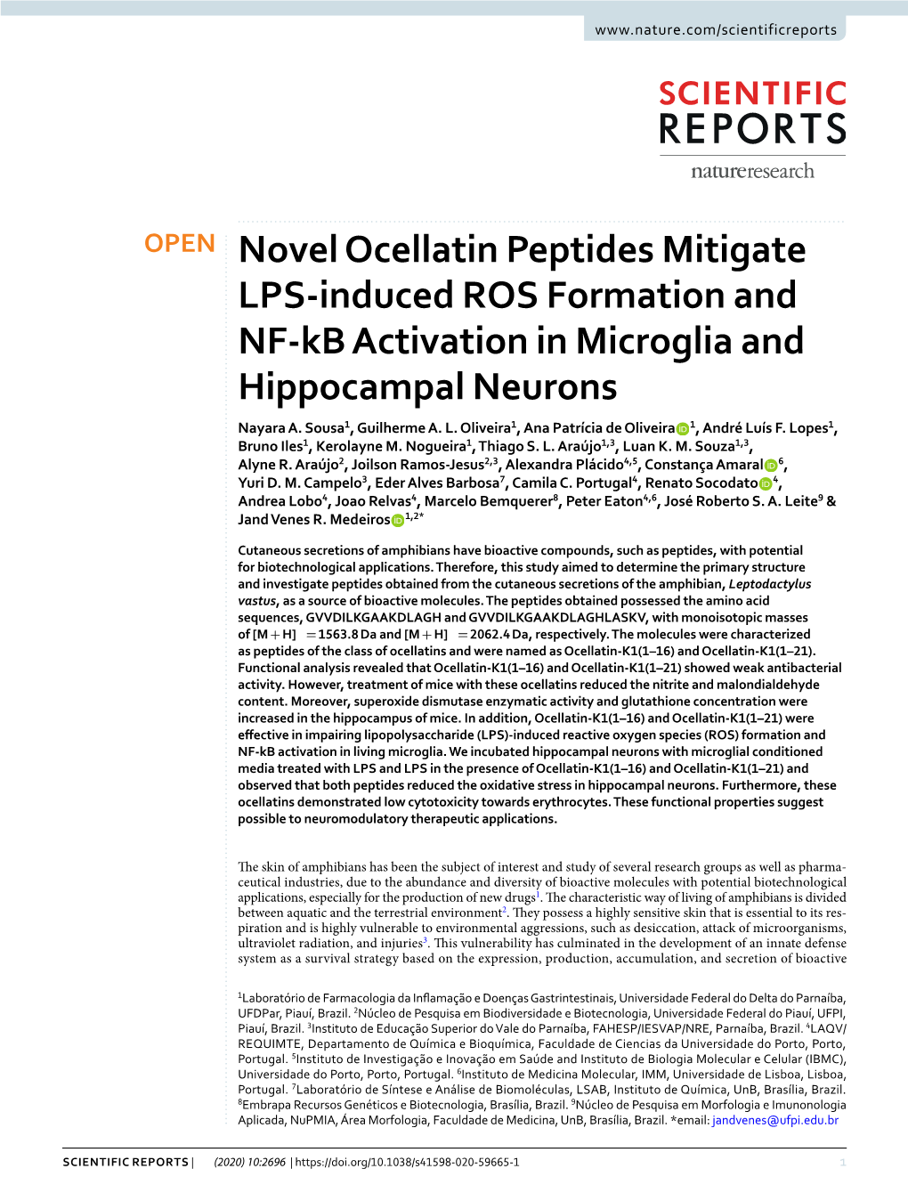 Novel Ocellatin Peptides Mitigate LPS-Induced ROS Formation and NF-Kb Activation in Microglia and Hippocampal Neurons Nayara A