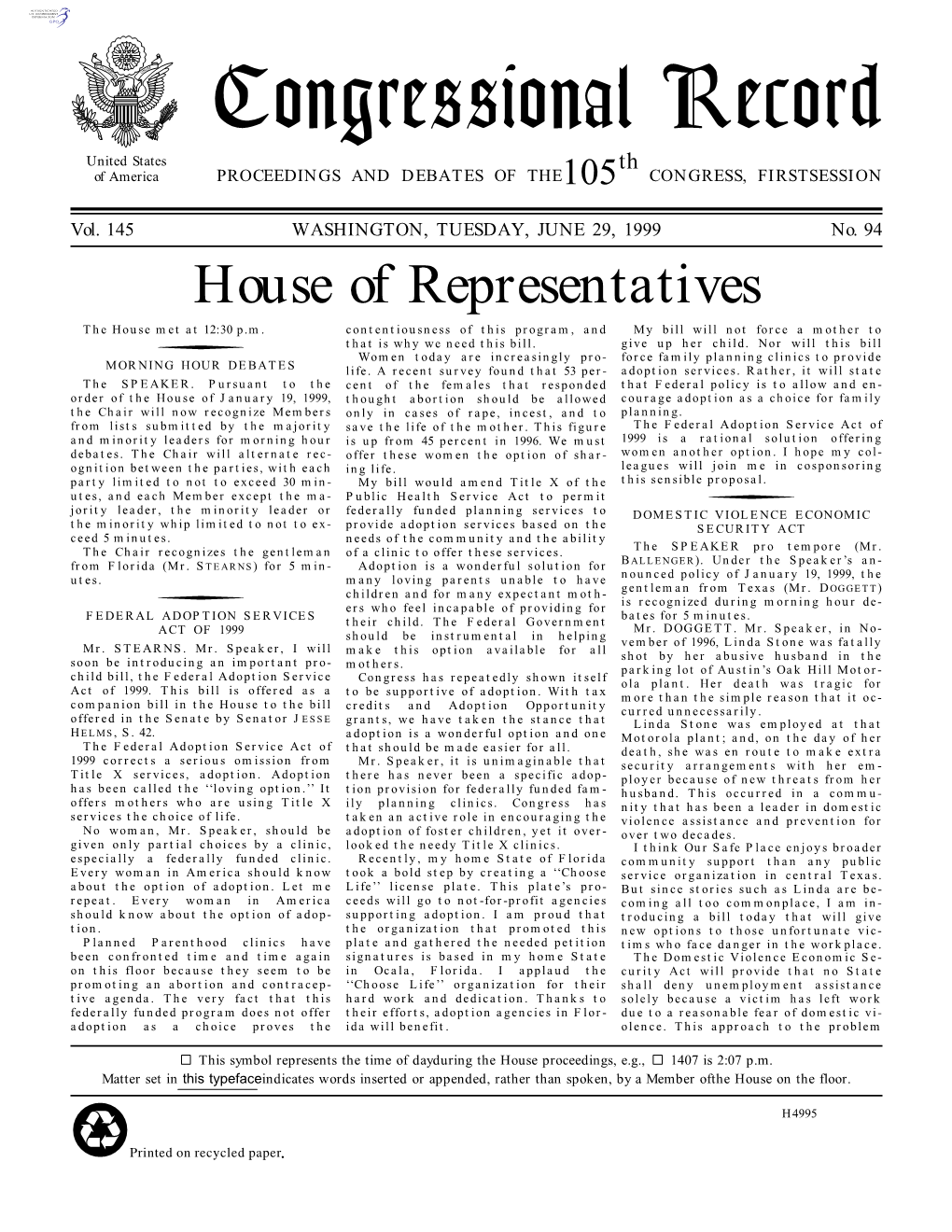 Congressional Record United States Th of America PROCEEDINGS and DEBATES of THE105 CONGRESS, FIRSTSESSION