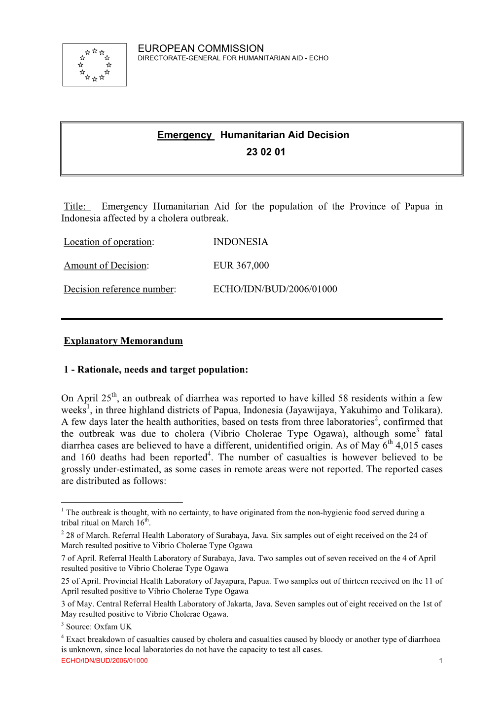 EUROPEAN COMMISSION Emergency Humanitarian Aid Decision 23 02 01 Title
