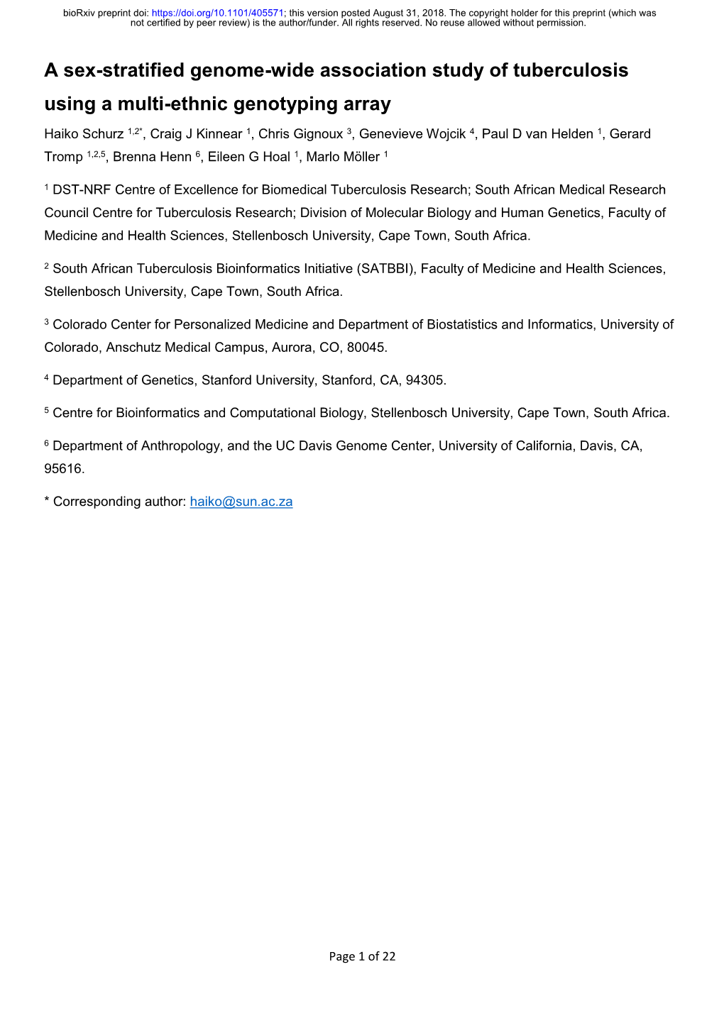 A Sex-Stratified Genome-Wide Association Study of Tuberculosis Using a Multi-Ethnic Genotyping Array