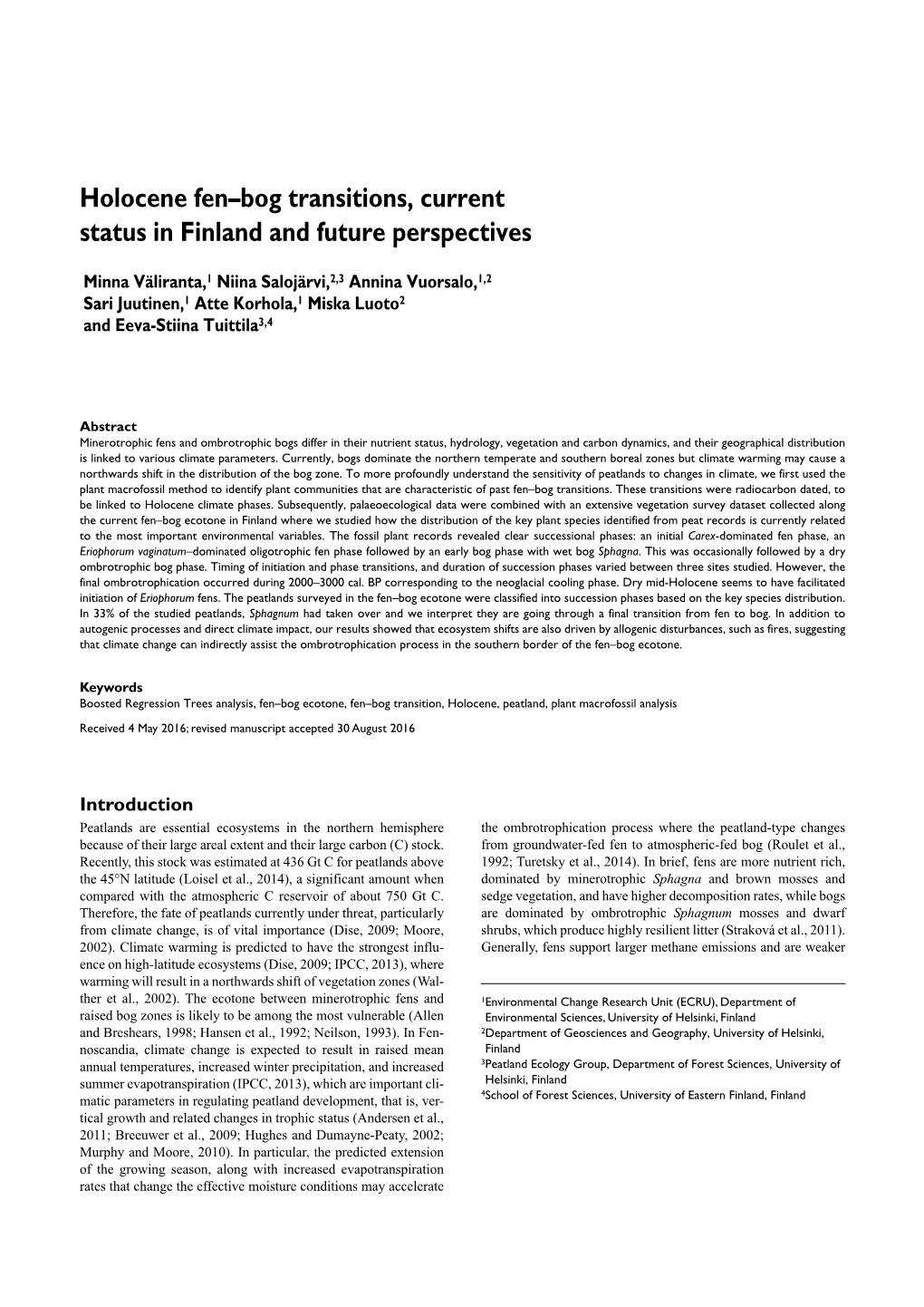 Holocene Fen–Bog Transitions, Current Status in Finland and Future Perspectives