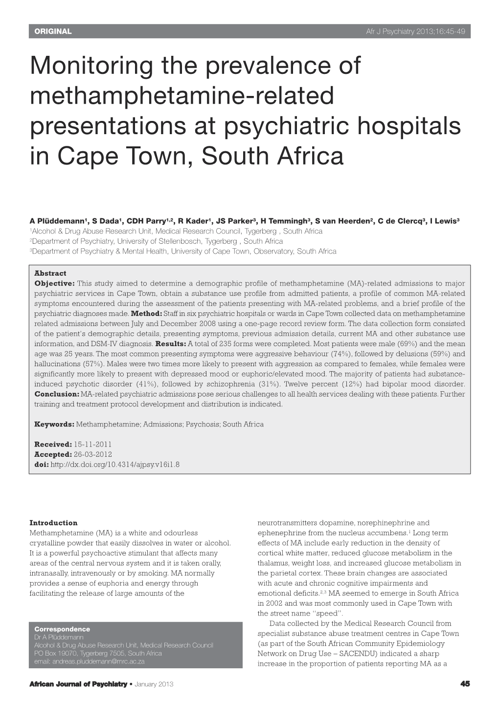 Monitoring the Prevalence of Methamphetamine-Related Presentations at Psychiatric Hospitals in Cape Town, South Africa