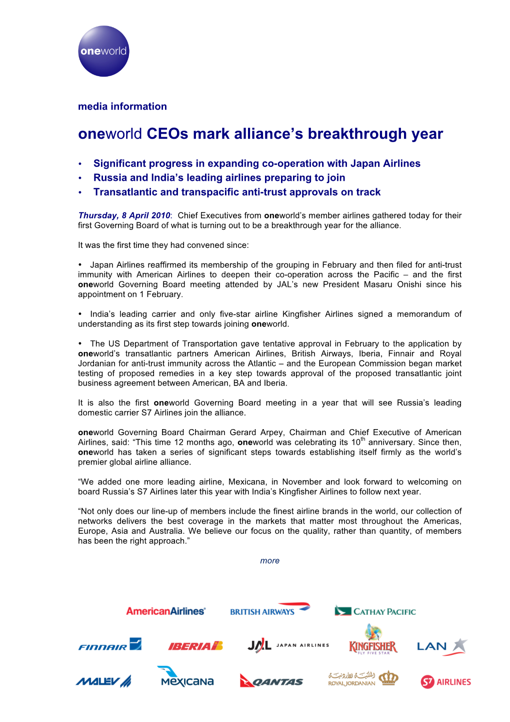 Oneworld Ceos Mark Alliance's Breakthrough Year