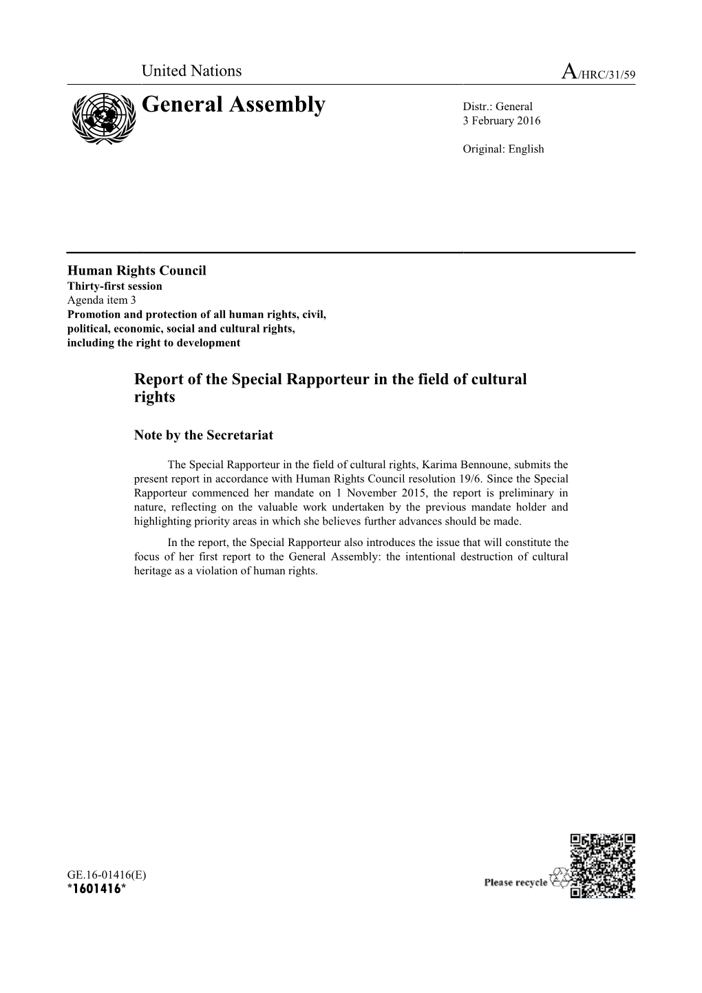 Report of the Special Rapporteur in the Field of Cultural Rights in English