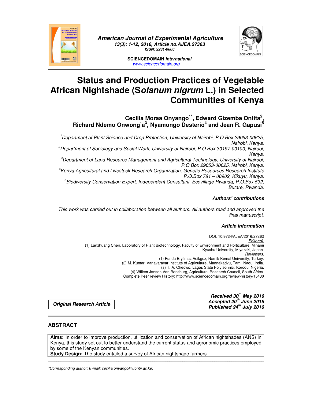 Status and Production Practices of Vegetable African Nightshade (S Olanum Nigrum L.) in Selected Communities of Kenya