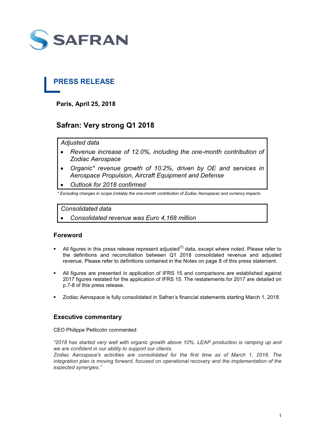 PRESS RELEASE Safran: Very Strong Q1 2018