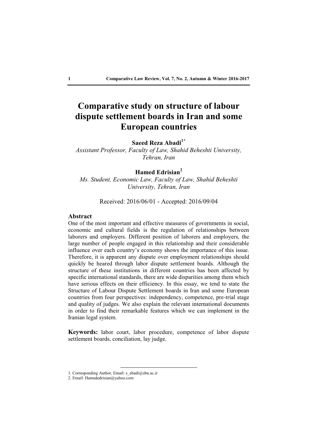 Comparative Study on Structure of Labour Dispute Settlement Boards in Iran and Some European Countries