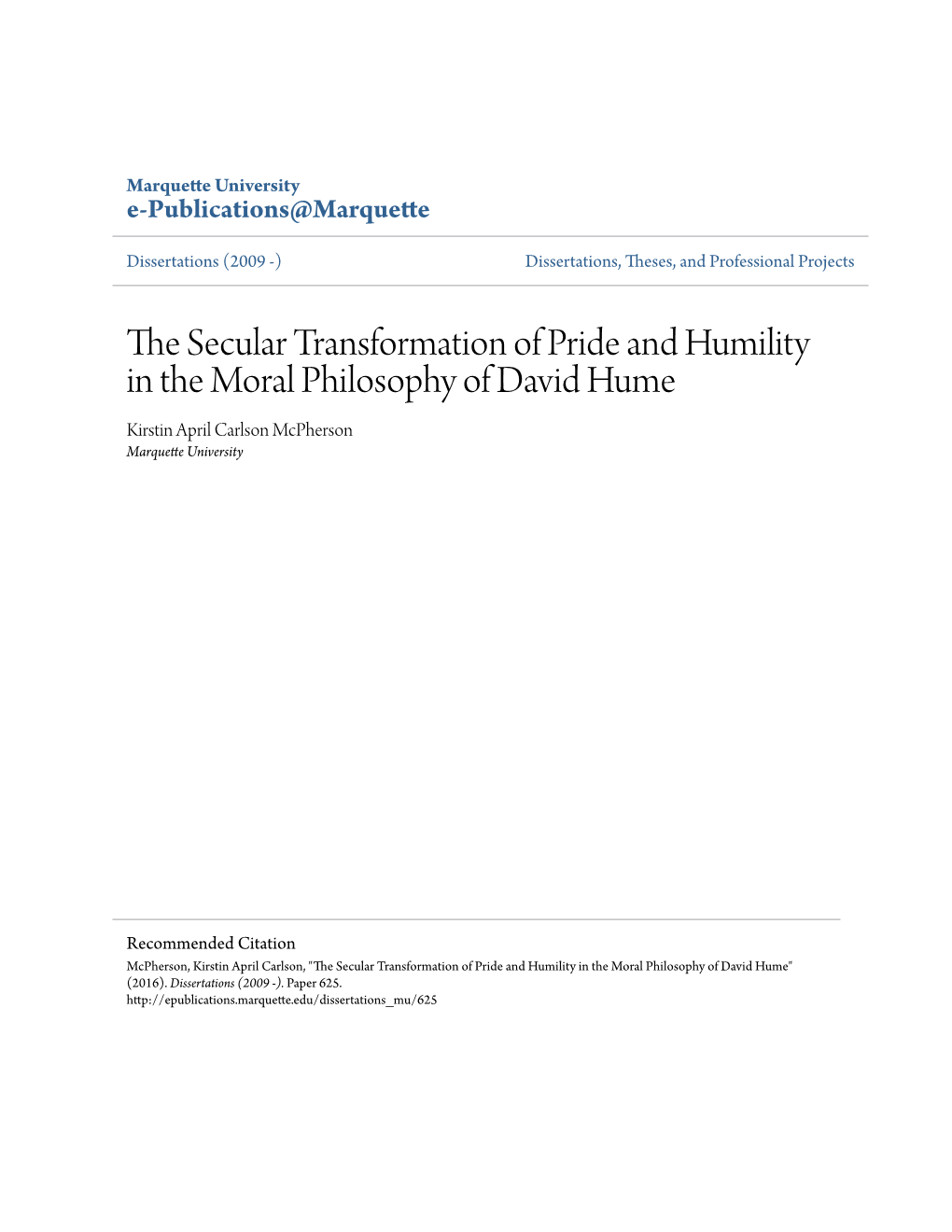 The Secular Transformation of Pride and Humility in the Moral Philophy of David Hume