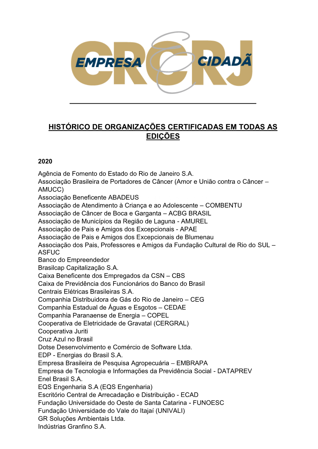 Histórico De Organizações Certificadas Em Todas As Edições