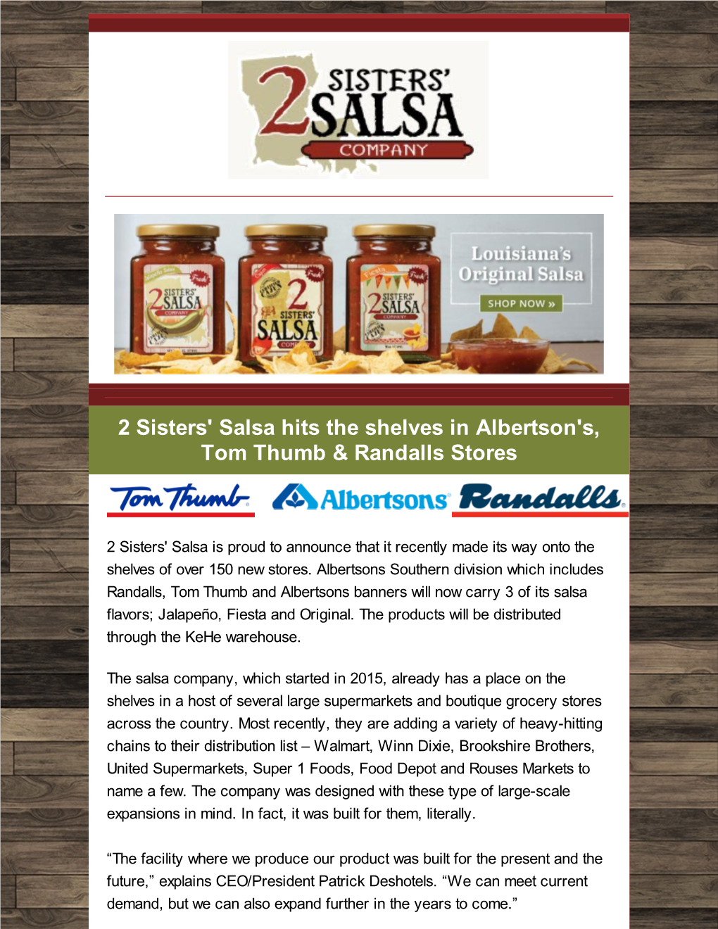 2 Sisters' Salsa Hits the Shelves in Albertson's, Tom Thumb & Randalls Stores