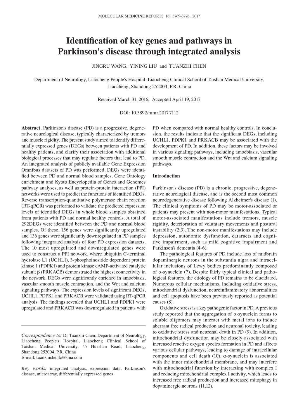 Identification of Key Genes and Pathways in Parkinson's Disease Through Integrated Analysis