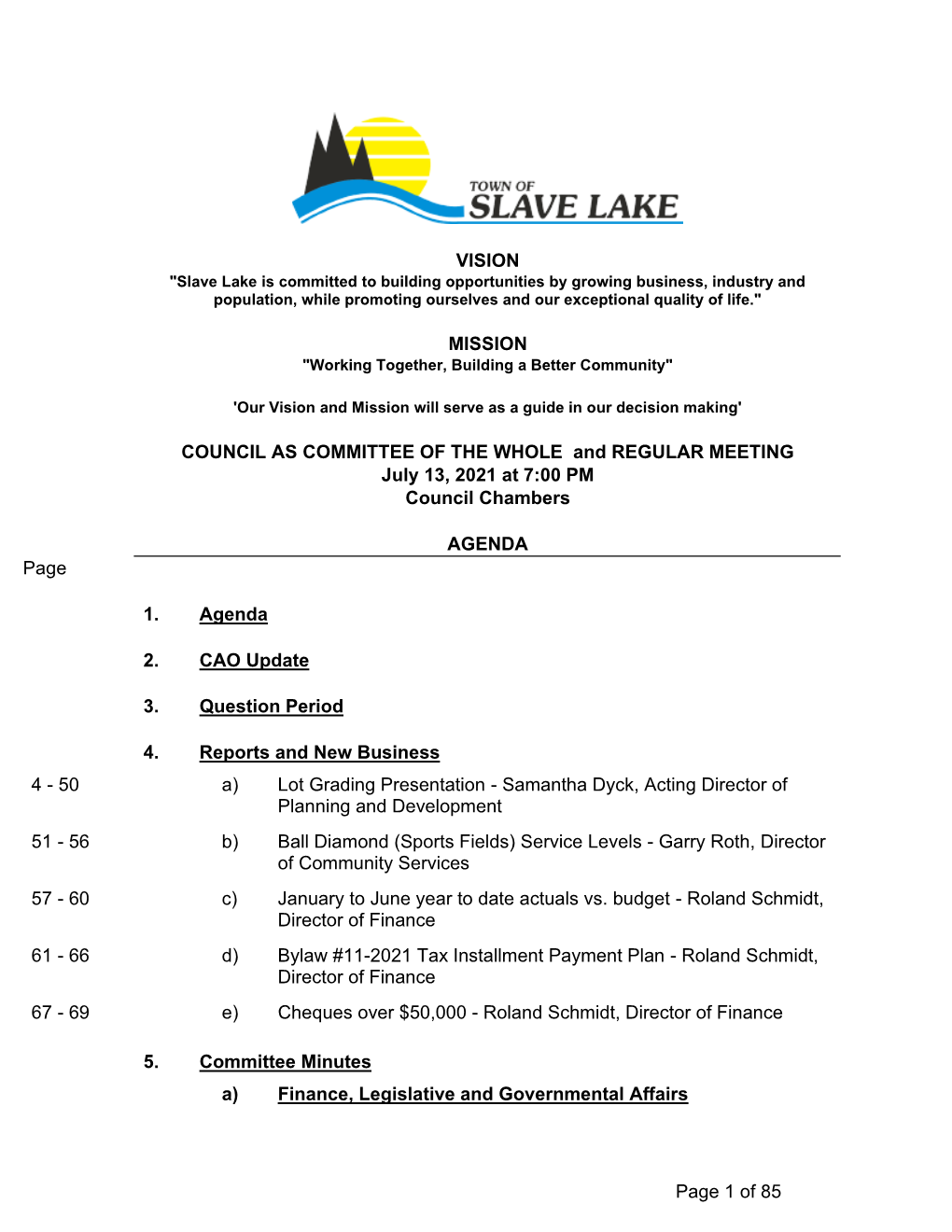 Committee of the Whole Meeting Tuesday July 13, 2021 at 7:00 PM