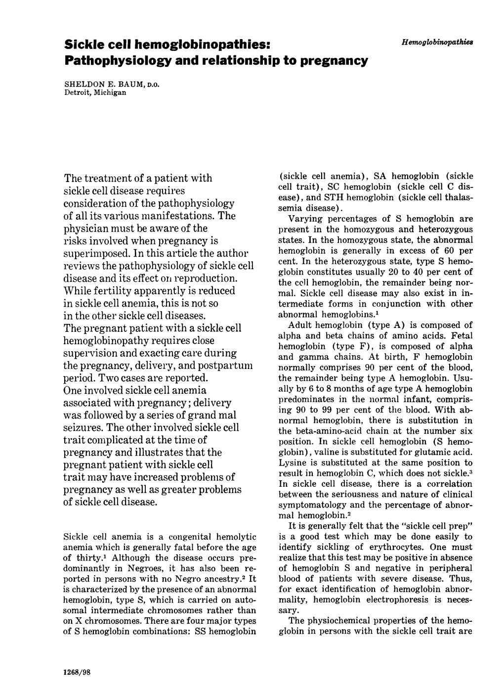 Sickle Cell Hemoglobinopathies: Hemoglobinopathies Pathophysiology and Relationship to Pregnancy