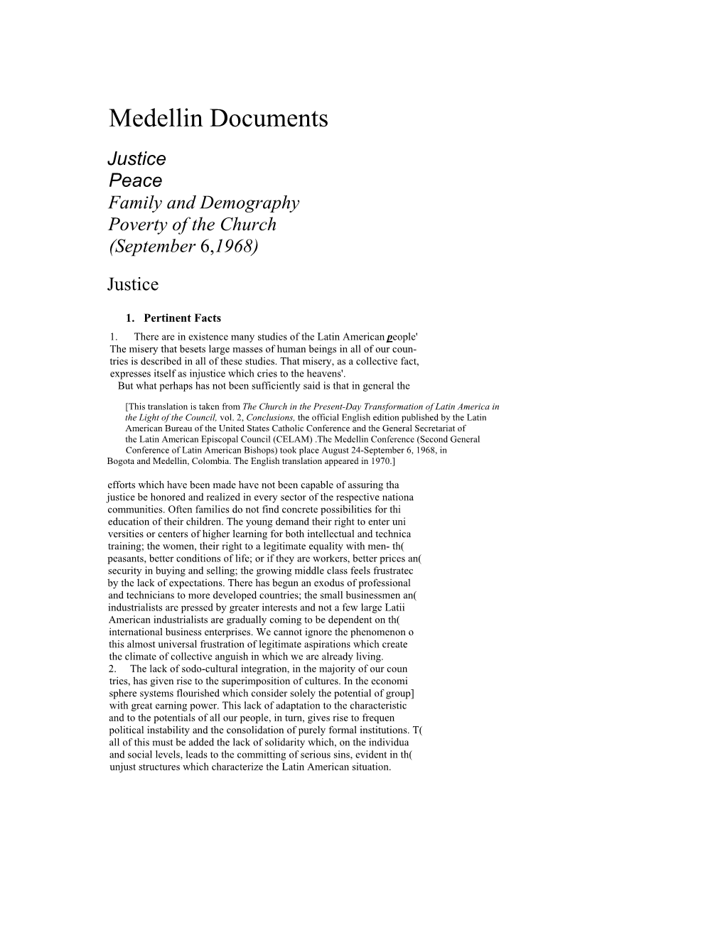 Medellin Documents Justice Peace Family and Demography Poverty of the Church (September 6,1968)