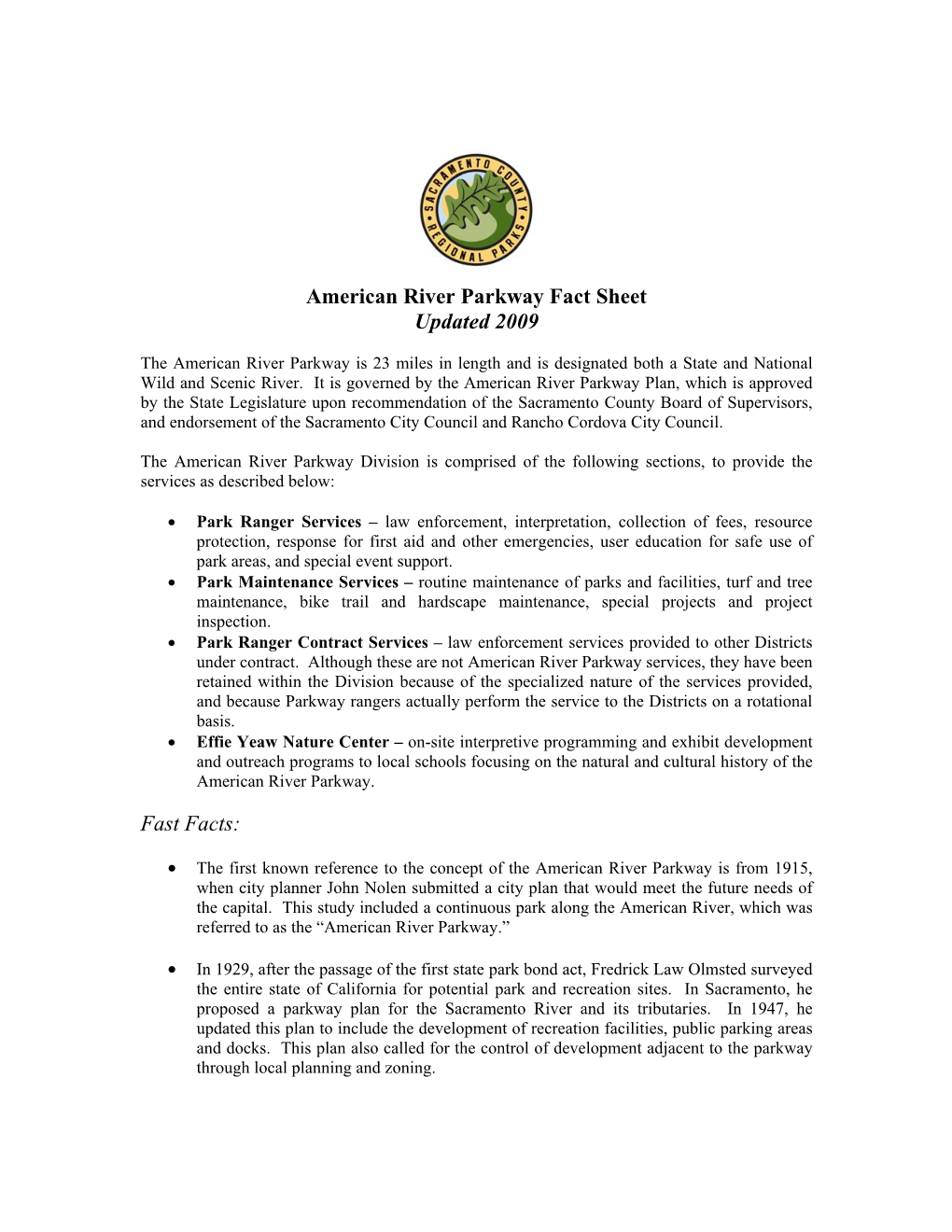 American River Parkway Fact Sheet Updated 2009 Fast Facts