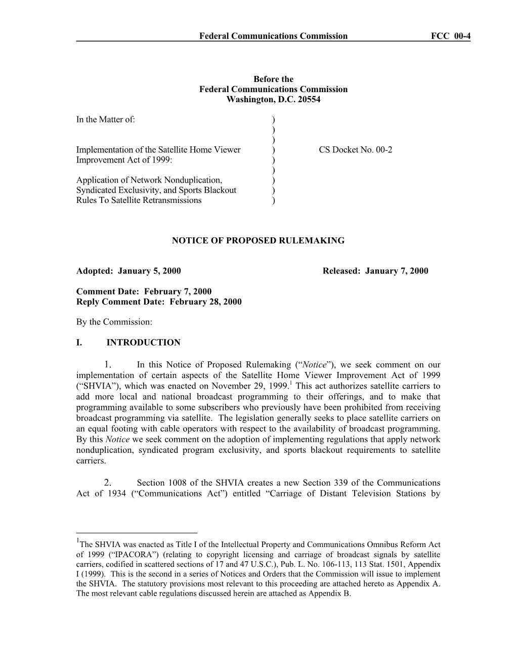 Federal Communications Commission FCC 00-4 Before the Federal