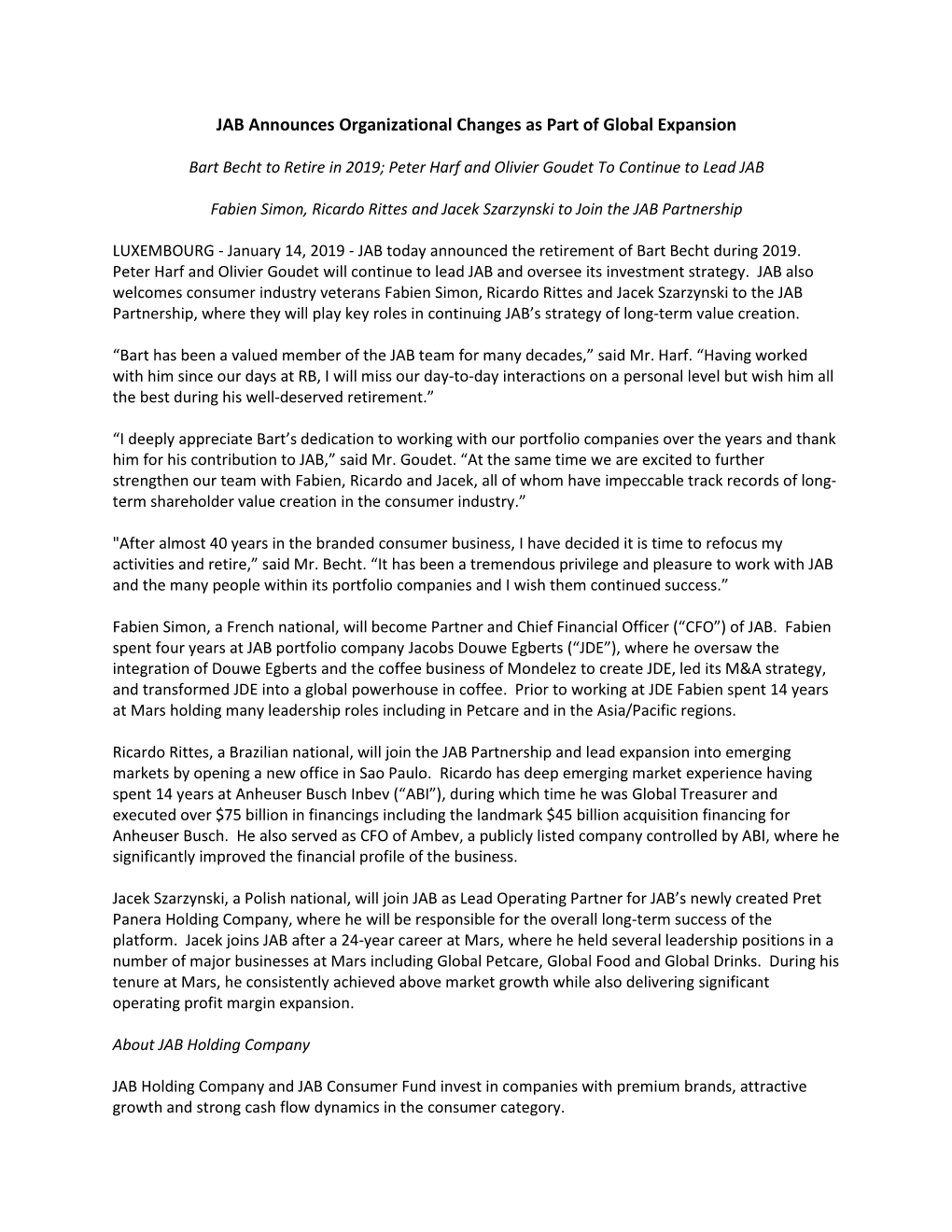 Press Release JAB Organizational Changes