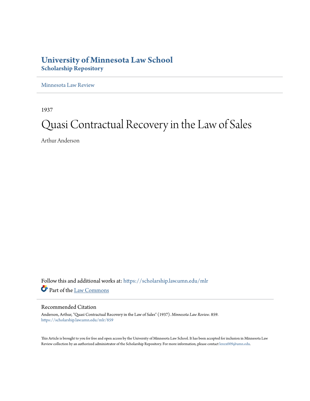 Quasi Contractual Recovery in the Law of Sales Arthur Anderson