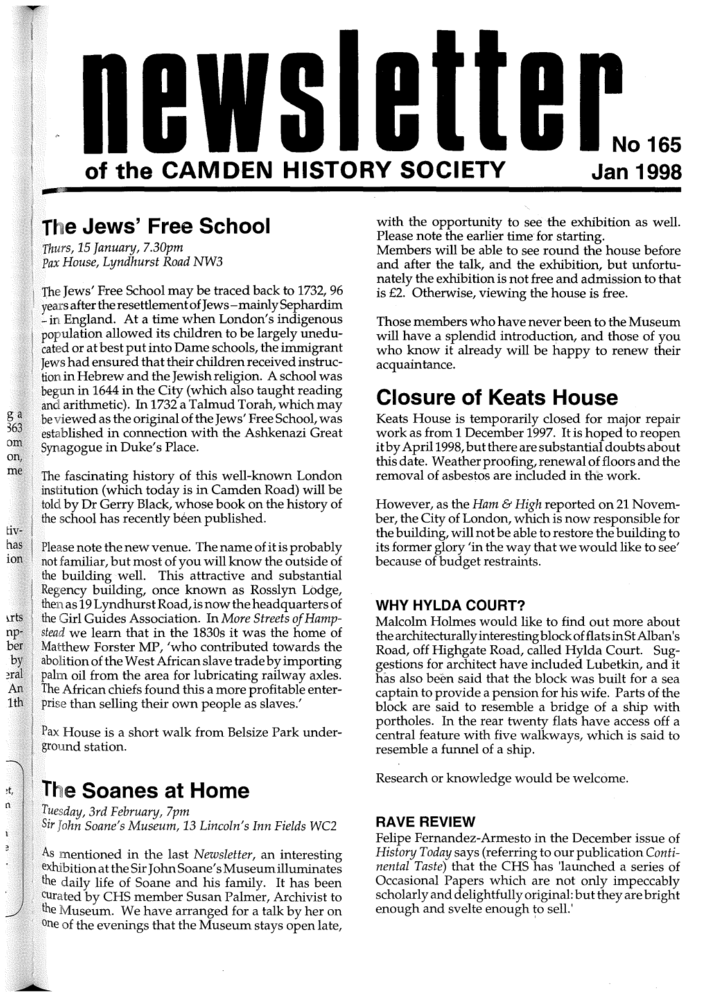 Of the CAMDEN HISTORY SOCIETY No 169 Sep 1998