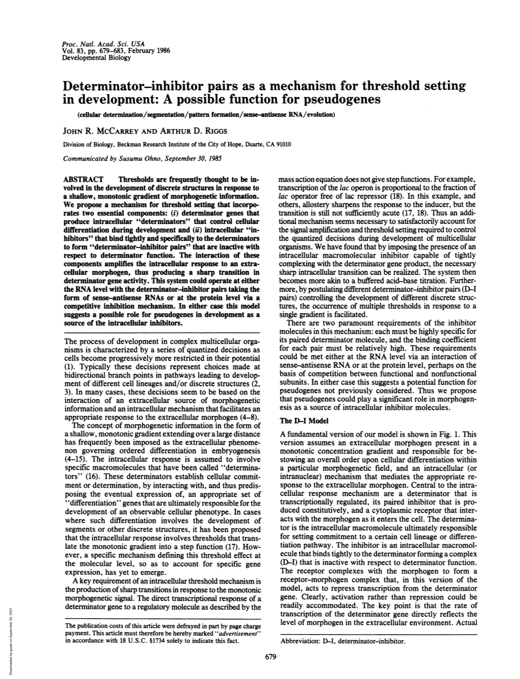 Determinator-Inhibitor Pairs As a Mechanism for Threshold